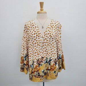 Tribal Jeans Womens Floral Popover Blouse Top Size XL Roll Tab Sleeve V-Neck‎